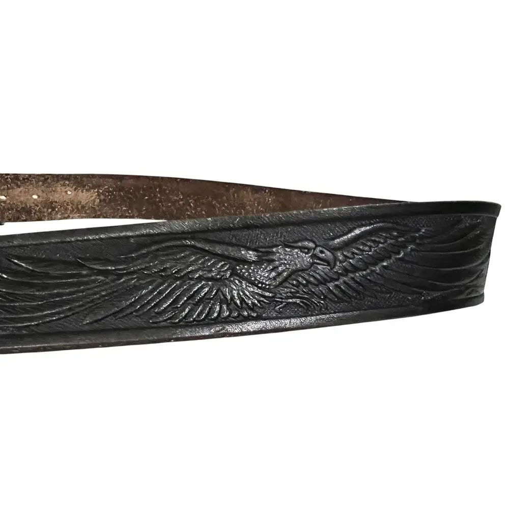 Vintage HAND TOOLED Belt WESTERN Eagle Black Leather Made In U.S.A Men’s 44